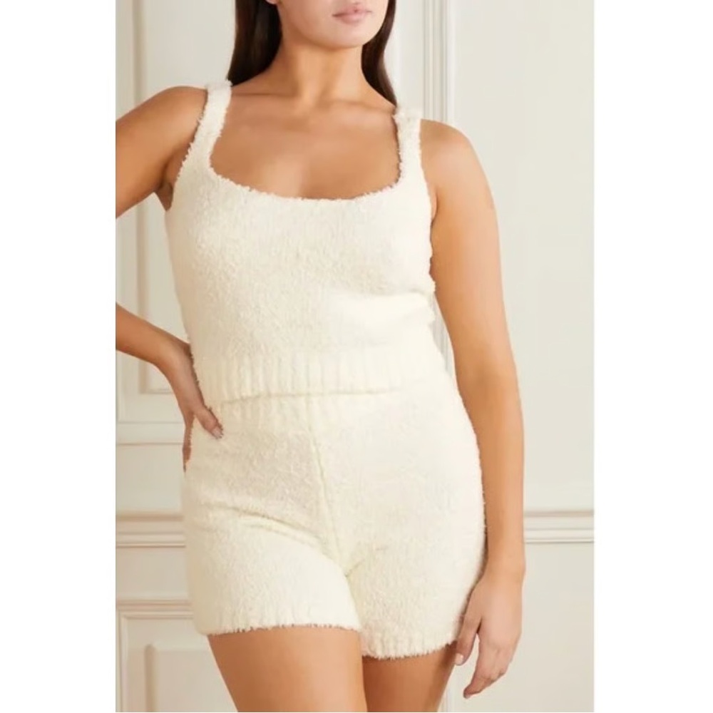 SKIMS Cream Fuzzy Knit Set Shorts and Tank